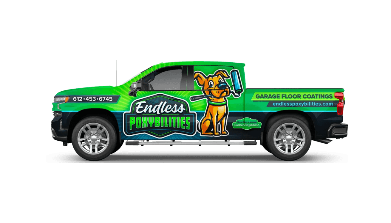 A green Endless Poxybilities pick up truck.