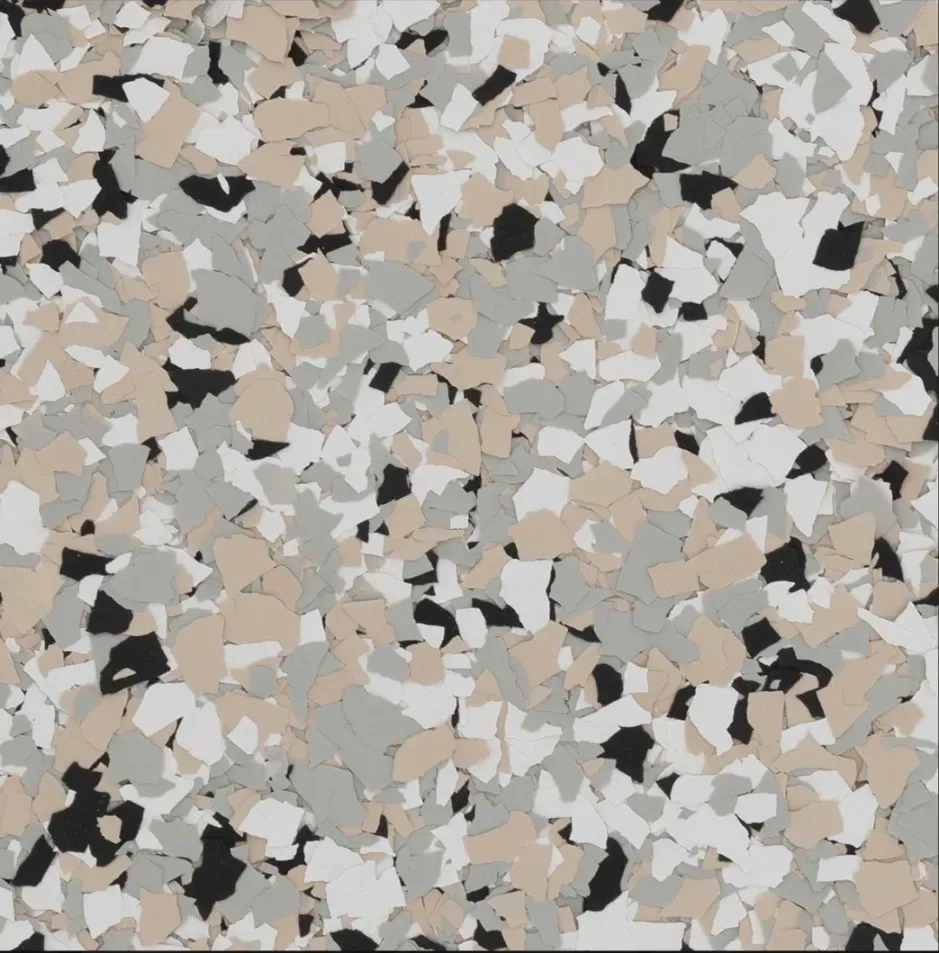 A swatch for flake flooring in the color Cabin Fever.