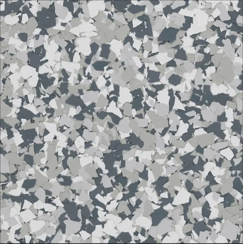 A swatch for flake flooring in the color Gravel.