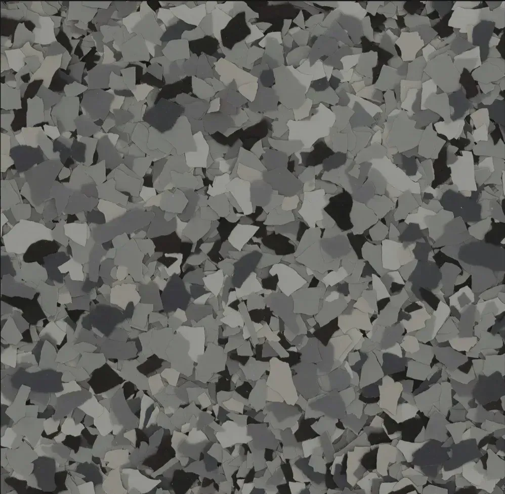A swatch for flake flooring in the color Nightfall.
